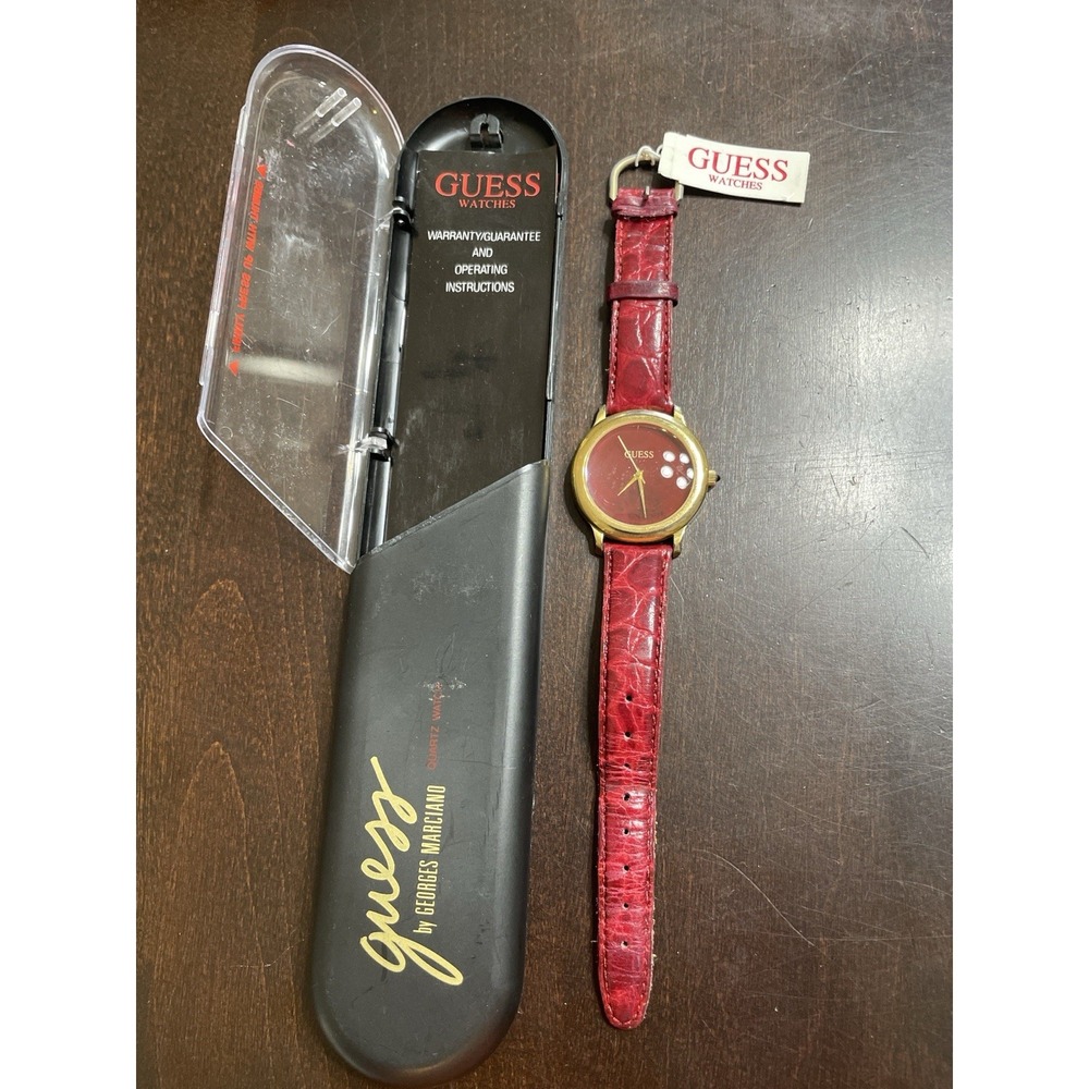 Guess Ladies Watch Red Dial Gold Tone Needs Battery w/ Case